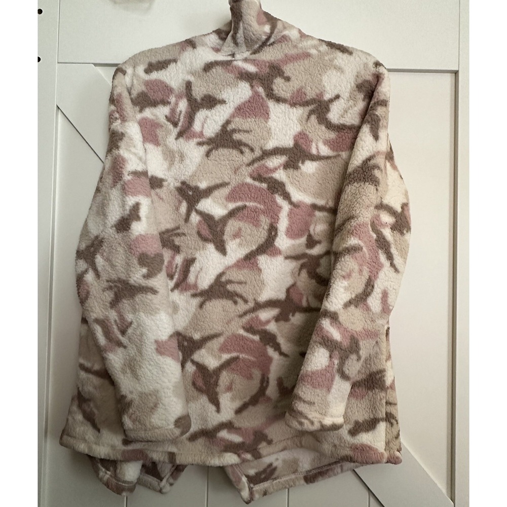 Lucky Brand Pink/Beige Camo Open Sherpa Cardigan Women Large - Picture 2 of 3